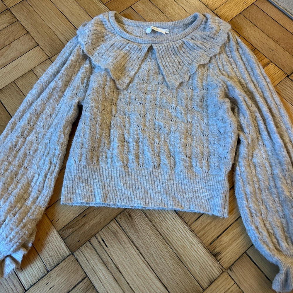 Tan Knit Sweater with Ruffled Collar